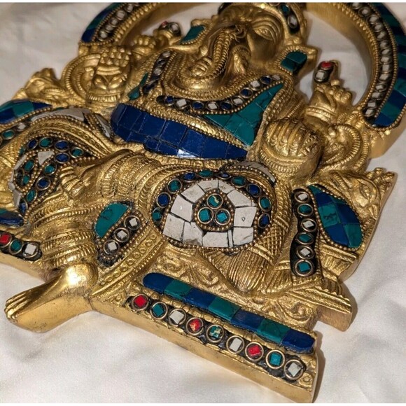 Colorful Brass Ganesh Idol Statue Elephant Murti God Ganesha Vinayak Ganpati - Picture 3 of 9